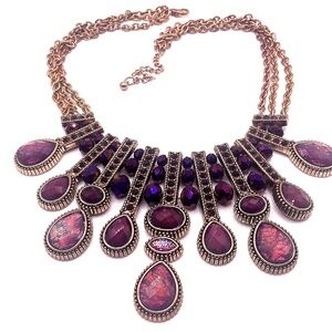 Vintage Large Statement Gold Tone Purple Necklace 18” With 3” Extender